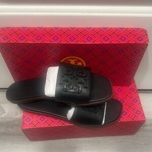 New Tory Burch Ines Slide Nappal Leather Black Embossed Slide Sandals